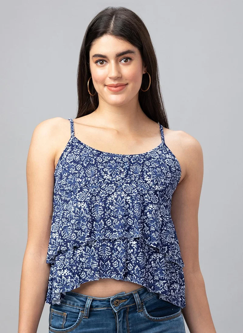 جلو باص Women Blue Printed Strappy Tiered Crop Top